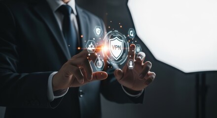 Businessman Interacting with a VPN Security Interface, Showcasing Cybersecurity and Data Protection Measures in a Digital Environment