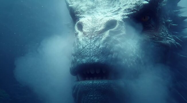 Epic close-up of a mythical sea serpent exhaling mist underwater, a creature of legend emerging from the depths