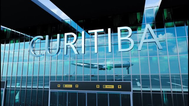 Airlane landing at Curitiba. Arrival in the city with reflection of airport and aircraft