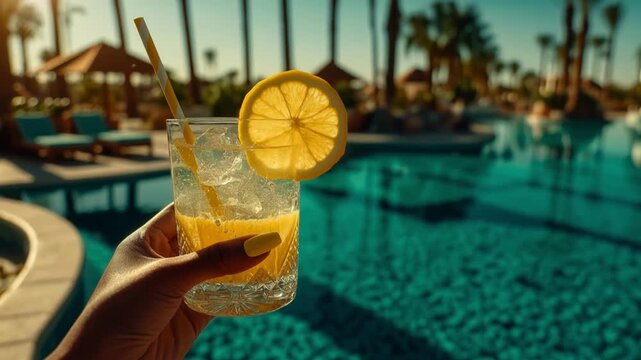 Lemon iced drink held by hand at sunny resort pool during warm summer day