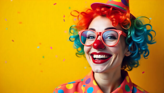 frau, karneval, k&ouml;lle, alaaf, kost&uuml;m, clown, bunt, gesicht, lachend, hut, brille, weiberfastnacht, k&ouml;ln, rosenmontag, feiern, party, flyer, portrait, eine, mit, tr&auml;gt, neu, gelber hintergrund, foto, 1