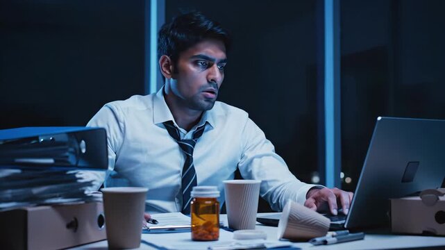 late-night asian office worker exhausted at laptop surrounded by coffee cups and pill bottle; tense posture, rubbing temple, piles of invoices and folders, dim fluorescent light, weary expression