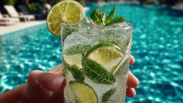 Cold mojito with lime slices and mint held by hand near blue resort pool