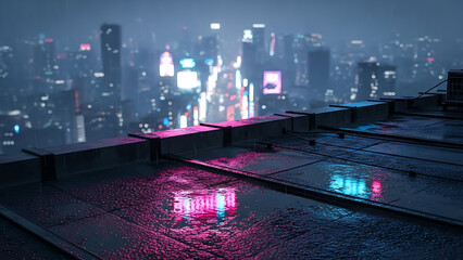 Rainy Rooftop With Neon Reflections Over Futuristic City Skyline at Night