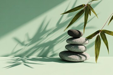 Serene Stacked Stones with Bamboo Leaves and Soft Shadows in Green