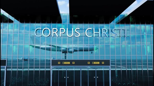 Airlane landing at Corpus Christi. Arrival in the city with reflection of airport and aircraft