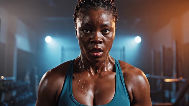 black female athlete lifting kettlebell intensely, sweaty muscular physique in dim gym, focused expression, controlled swing and hold, heavy breathing, rows of weights and benches, blue and orange