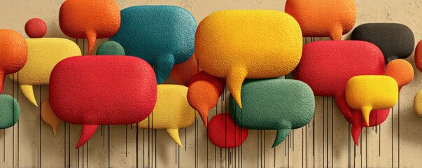 Fototapeta premium Colorful speech bubbles sculpture on wall art representing vibrant communication and conversation themes