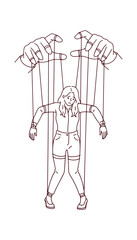 Black and white outline of big hands moving small female figure. Sketch representing patriarchy, gender inequality and abuse of power in society.