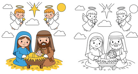 Naklejka premium Christmas nativity scene vector illustration with coloring page outline featuring Mary Joseph Baby Jesus and two angels in sky cute cartoon holy family doodle for kids education