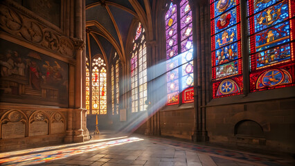 Sunlight shining through stained-glass windows inside a historic, vibrant colors reflecting on the floor