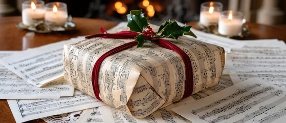 Wrapped gift with musical notes sits on a table surrounded by candles and sheet music during a cozy holiday gathering at home