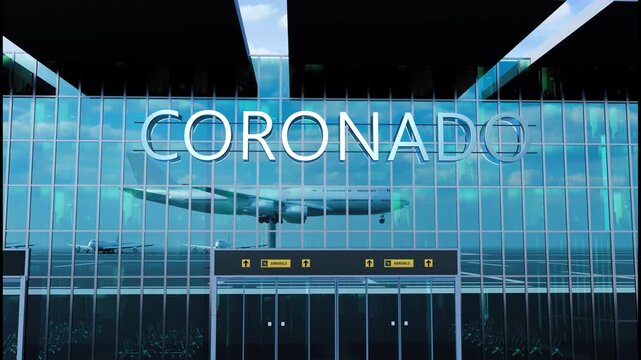 Airlane landing at Coronado. Arrival in the city with reflection of airport and aircraft