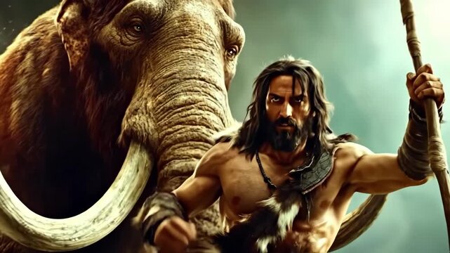Prehistoric battle: caveman hunting woolly mammoth with spear
