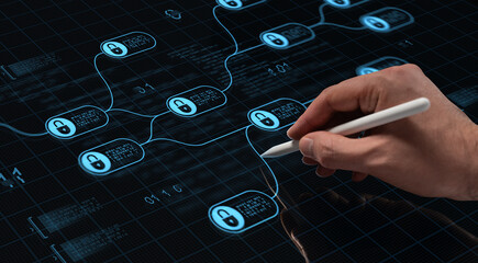 Hand using stylus to interact with digital blockchain security interface on futuristic grid background, illustrating cybersecurity concept.