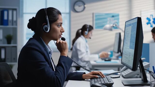 call center agent typing while speaking into headset at desktop workstation, monitoring crm on screen and assisting customers with calm professional tone, busy office background with colleagues