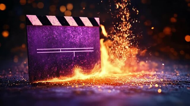 Dramatic cinematic clapperboard with fiery flames and sparks