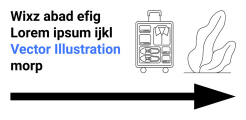 Travel planning, tourism, vacation, journey organization, logistics, modern packing. Open suitcase with clothes, decorative plant and arrow pointing right. Travel planning and tourism concept