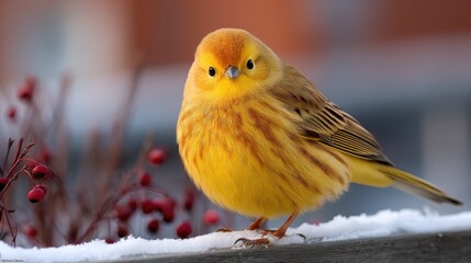 Bright yellow bird stands on a snowy railing near red berries during winter in a serene outdoor setting