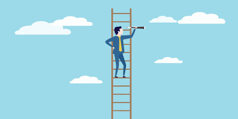 A businessman climbs a ladder looking through binoculars at the future © MSTShikha