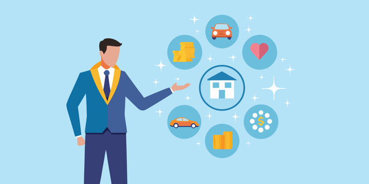 Man presenting various life priorities car home love money and career