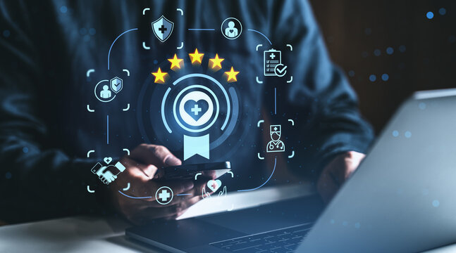 Customer service rating and healthcare feedback concept with five-star review icons and medical symbols on digital screen interface background. - Powered by Adobe