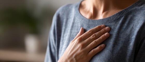 Deep breathing exercise with woman hand on chest showing mindful awareness of breath in serene home during meditation practice and body awareness for breathing mindfulness wellness mental health.