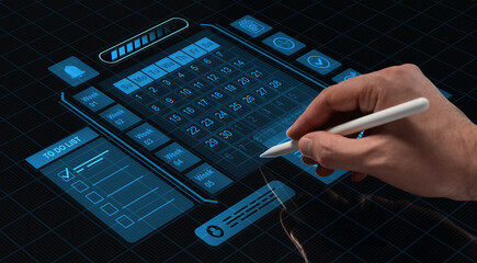 Futuristic digital calendar and to-do list interface being operated by hand with stylus on high-tech touchscreen background in business technology concept.