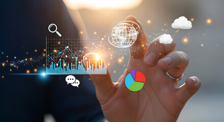 Dynamic professional interacting with glowing digital data visualizations for global business strategy and cloud computing insights