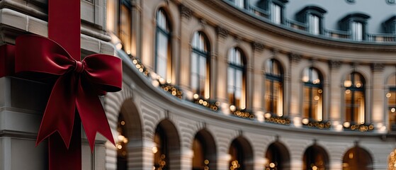 Elegant red bow adorns the festive decoration of a beautifully lit building during the holiday season in an upscale shopping area