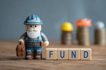 Building blocks tower labeled retirement fund. Long term savings visualization in adorable construction worker outfit with stable foundation metaphor for retirement planning future security concept.