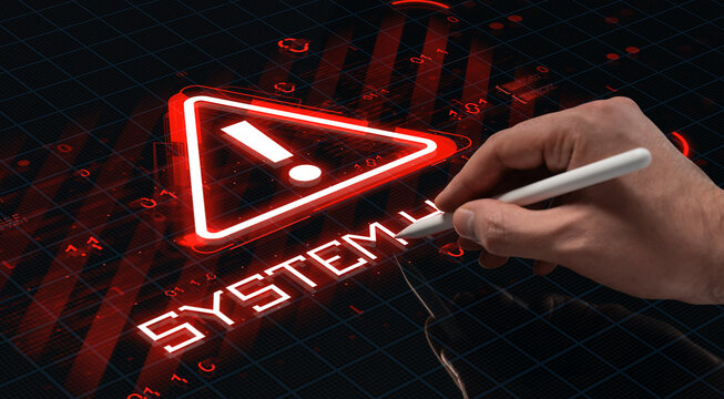 Hand holding a digital pen drawing a red holographic system error warning on a futuristic HUD screen interface with a grid background concept..