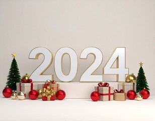 Festive digital illustration celebrating the arrival of the New Year. Giant numbers stand with presents and ornaments