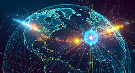 Stunning digital world map visualization highlights global data flow and dynamic network connections across continents with vibrant light beams
