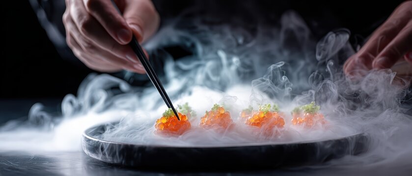 Molecular gastronomy chef creating spherified caviar pearls with liquid nitrogen smoking around dish. Culinary innovation fine dining artistic food preparation modern scientific cooking precision.