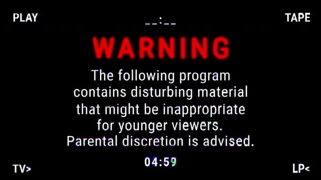 Vintage background animation with text : The following program contains disturbing material and may be inappropriate for younger viewers. Parental discretion is advised. 4k video