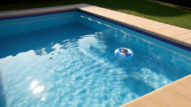 Floating toy moves on water surface in sunny afternoon by a pool