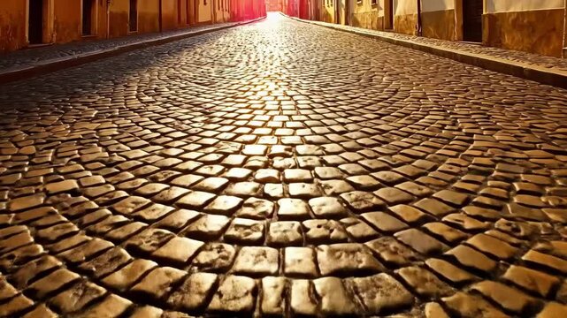 Historic cobblestone street with intricate circular pattern in sunlight