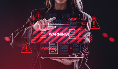Cybersecurity warning interface concept with businesswoman inter