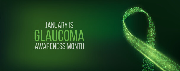 Glaucoma Awareness Month concept. Banner with green ribbon awareness and text.