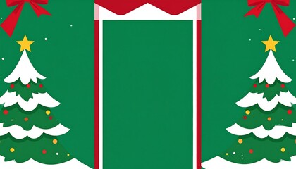 Festive holiday frame design featuring two cartoon trees and decorative bows at the corners, on a green backdrop