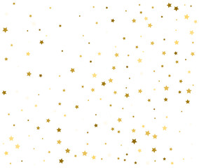 Abstract background with falling gold stars on white. Festive golden confetti pattern for Christmas or New Year. Copy space for text