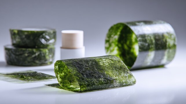 Edible packaging made from seaweed wrapping futuristic food products with biodegradable container for zero waste food storage sustainable packaging innovation and eco friendly materials environmental.