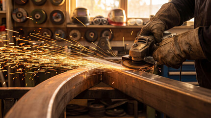 Metalworker using an angle grinder to cut steel beams indoors while bright sparks fly in an industrial workshop at sunset