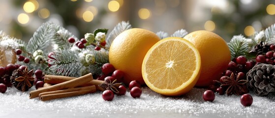 Seasonal display of oranges, cinnamon, and festive greenery on a snowy table for holiday celebrations in a cozy indoor setting
