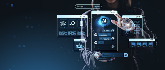 Futuristic AI chatbot interface with virtual assistant and technology icons on dark tech background concept for innovation and digital transformation.