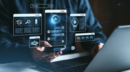 Futuristic AI chatbot interface with holographic elements on digital screen in tech environment with creative virtual assistant concept background.