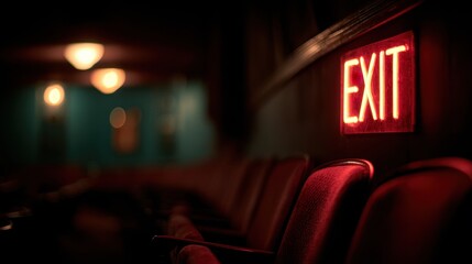 A captivating view of a red exit sign in an empty theater.