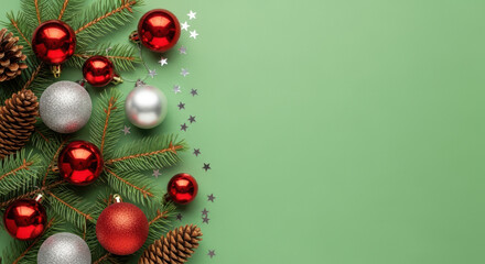 Festive christmas ornaments and pine cones on green background with copy space for winter holiday greeting and seasonal celebration