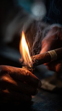 A close-up of a hand lighting a cigar with flickering flame.